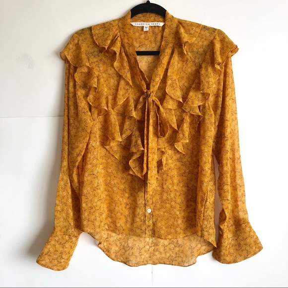 Veronica Beard Tops - Veronica Beard Yellow Print Tie-Neck Ruffle Blouse